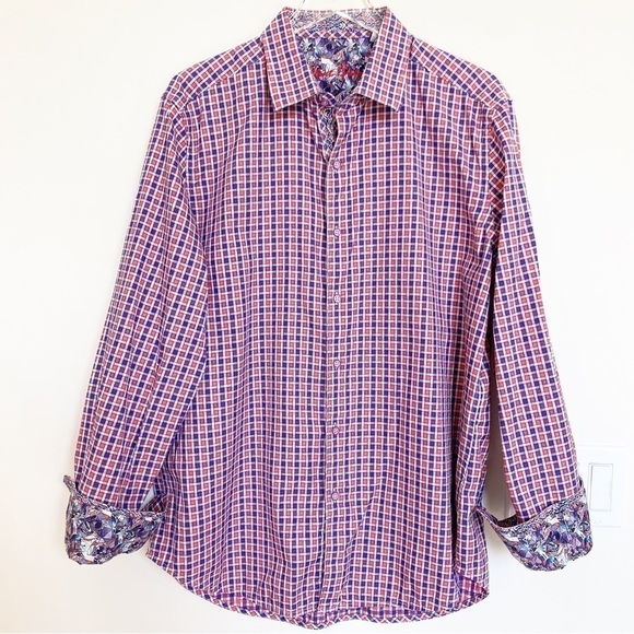 ROBERT GRAHAM Purple Pink Checkered Cotton Mens XL Long Sleeve Shirt w/Contrast - Picture 1 of 11